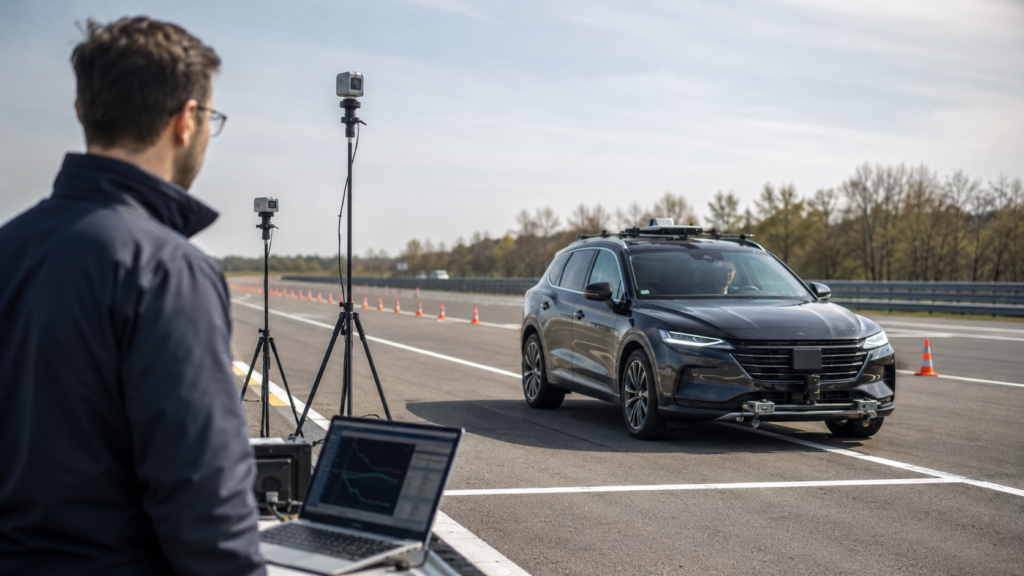 Modern SUV undergoing driver-assistance safety testing on a track