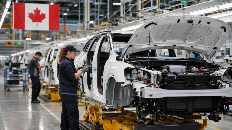 Canadian auto assembly plant with workers building modern vehicles