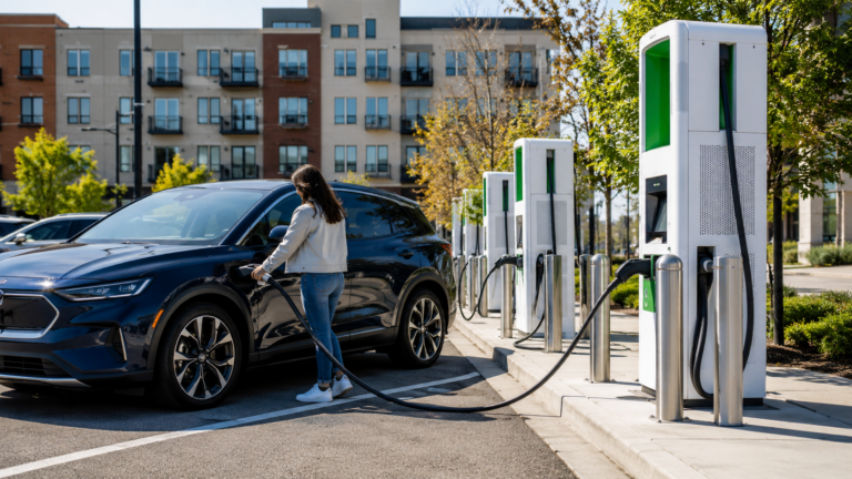 Driver charging an electric vehicle at a modern public charging station