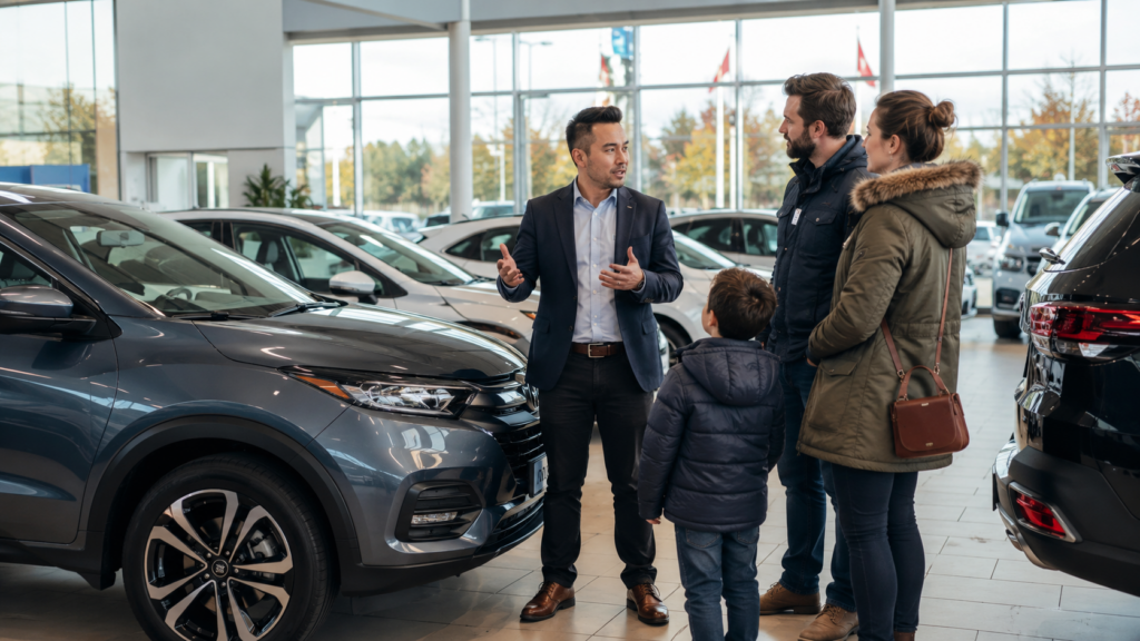 Family speaking with a salesperson while shopping for vehicles in a bright showroom