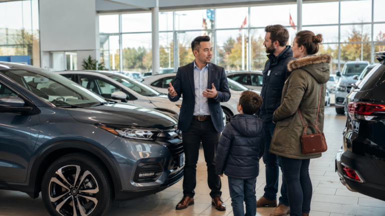 Family speaking with a salesperson while shopping for vehicles in a bright showroom