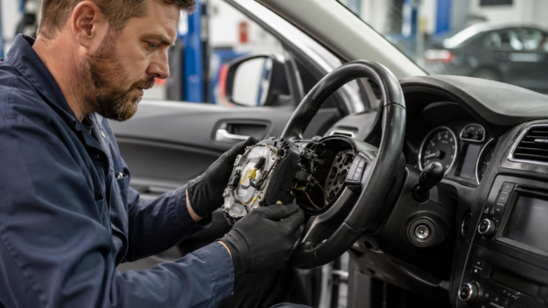 Mechanic inspecting a vehicle steering wheel airbag module